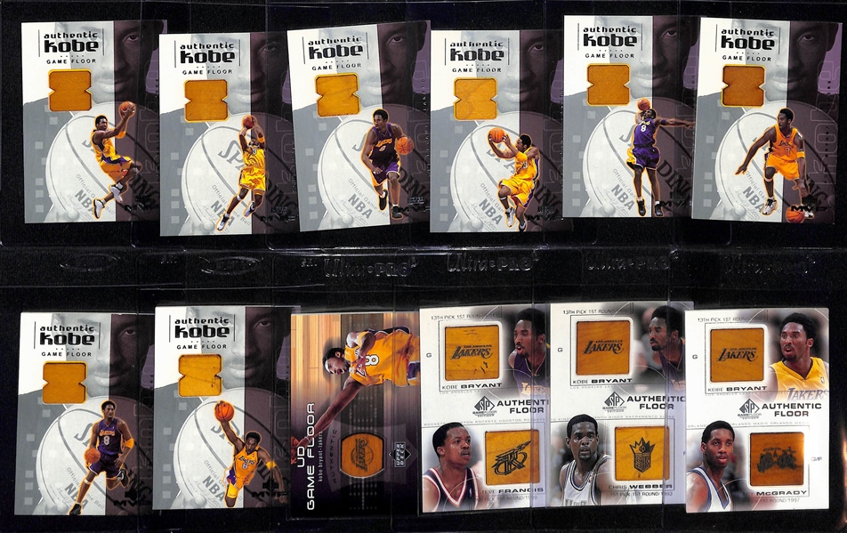 Lot of (12) Kobe Bryant Game Floor Relic Cards w. 2001-02 Upper Deck MVP 8 Card Set KBF1-KBF8, and More!