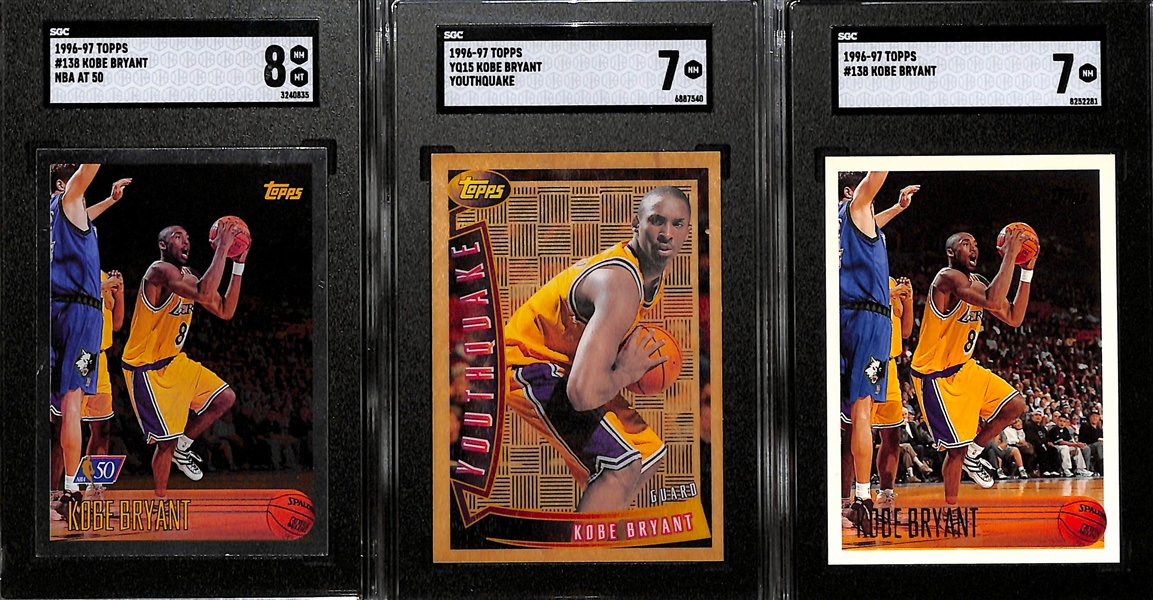 (3) 1996-97 Topps Kobe Bryant Rookie Cards - Topps #138 NBA at 50 (SGC 8), Topps #138 (SGC 7), Topps Youthquake #YQ15 (SGC 7)