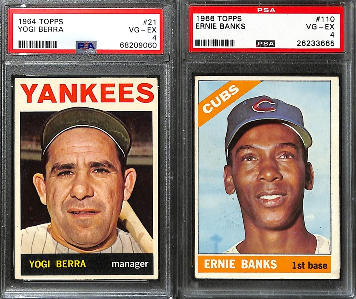 (7) PSA Graded 1960s and 1970s Topps Baseball Hall of Fame and Stars- 1964 Harmon Killebrew (PSA 4), 1964 Yogi Berra (PSA 4), 1966 Ernie Banks (PSA 4), 1973 Hank Aaron (PSA 4), +