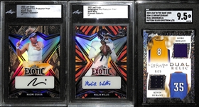 Lot of (3) Leaf Mixed Sports Cards w. 2022 Leaf Exotic Naomi Osaka #d 1/1, 2022 Leaf Exotic Malik Willis #d 1/1 and 2022 In The Game Dual Relic Kobe Bryant & Kevin Durant #d /25 and Graded SGC 9.5