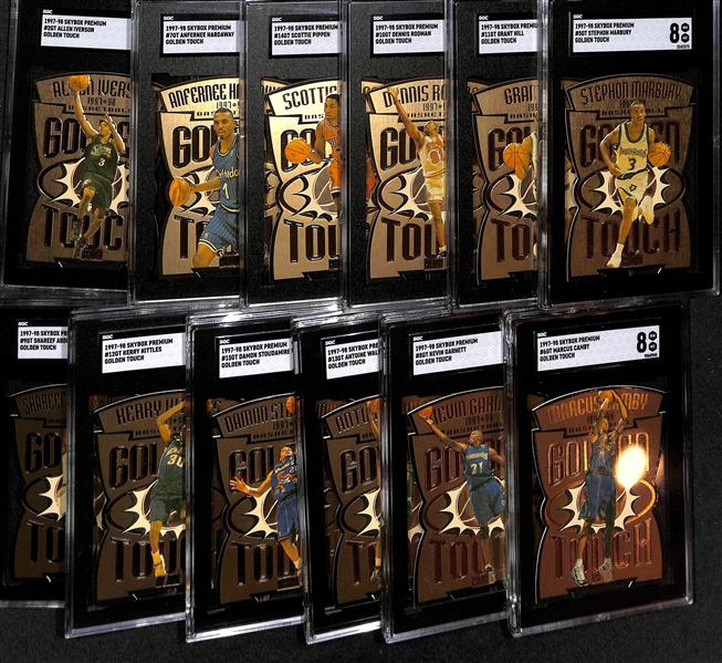 (12) Graded 1997-98 Skybox Premium Golden Touch Insert Cards - Iverson, Hardaway, Pippen, Rodman, Hill, Marbury, Garnett, +