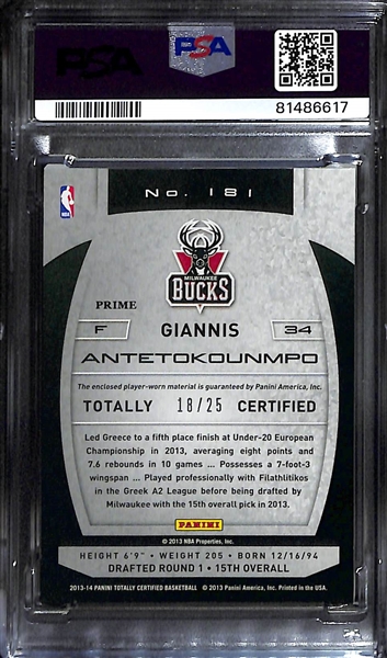 2013-14 Panini Totally Certified Giannis Antetokounmpo Rookie Card Patch (2-Color) #ed 18/25 Graded PSA 8 