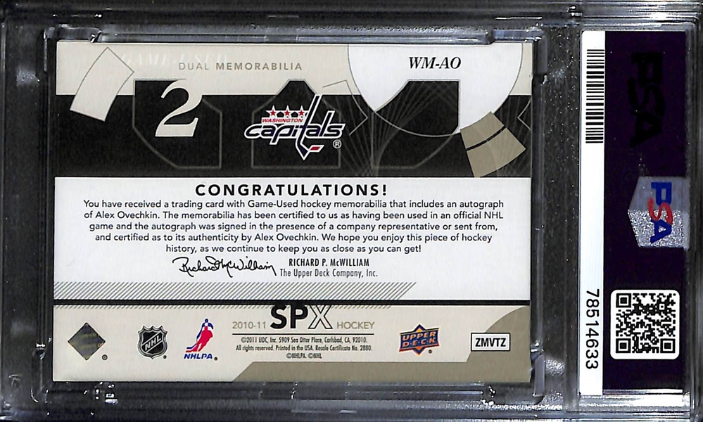 2010-11 Upper Deck SPX Winning Materials Alexander Alex Ovechkin Autographed Dual Jersey Card #ed 9/15 Graded PSA 8