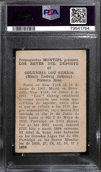 Rarely Seen 1946-47 Lou Gehrig Cuban Baseball Card Propaganda Montiel Reyes Deporte Graded PSA 1