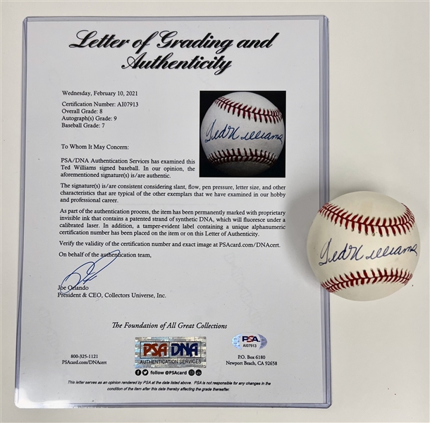 Ted Williams Signed Official AL Baseball (Full PSA/DNA Letter w. 9 Autograph Grade!)