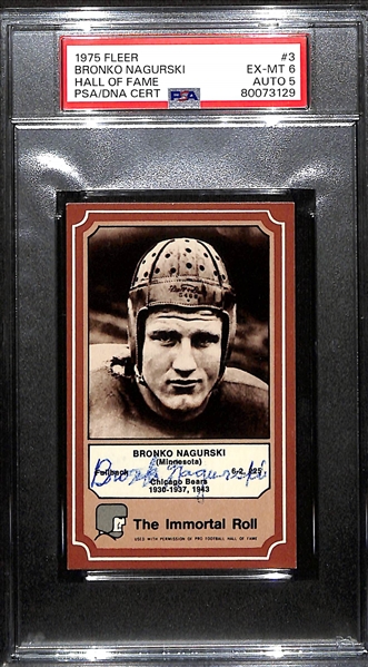 Bronko Nagurshi Signed 1975 Fleer Hall of Fame Card #3 (Bears HOFer) - PSA/DNA Graded (Card Grade 6, Auto Grade 5)