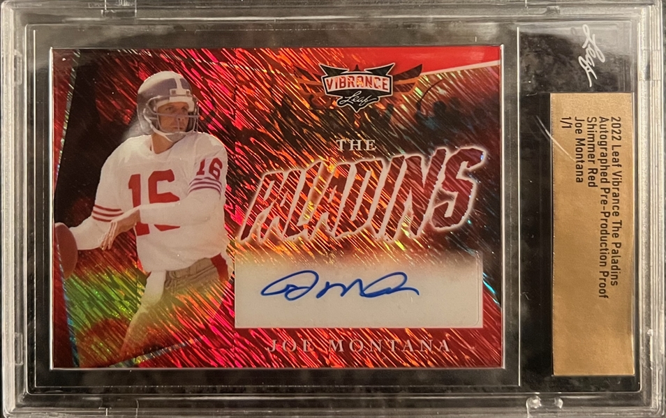 2022 Leaf Vibrance The Paladins Joe Montana Autographed Pre-Production Proof Shimmer Red #1/1