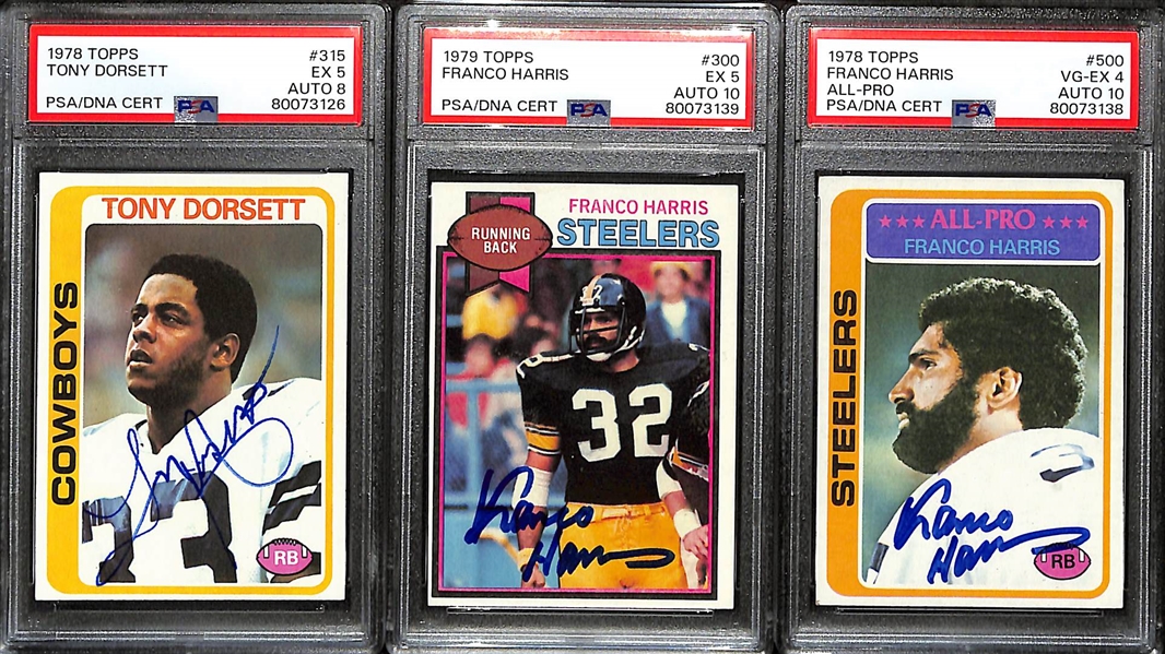 3 Signed Football Cards - 1978 Topps Tony Dorsett Rookie (PSA 5, Grade 8), 1978 Franco Harris (PSA 4, Grade 10), 1979 Franco Harris (PSA 5, Grade 10)