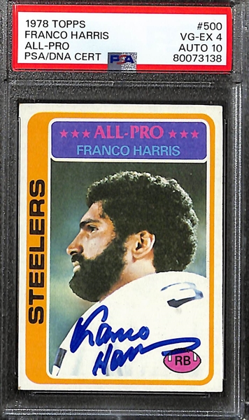 3 Signed Football Cards - 1978 Topps Tony Dorsett Rookie (PSA 5, Grade 8), 1978 Franco Harris (PSA 4, Grade 10), 1979 Franco Harris (PSA 5, Grade 10)