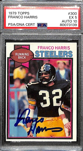 3 Signed Football Cards - 1978 Topps Tony Dorsett Rookie (PSA 5, Grade 8), 1978 Franco Harris (PSA 4, Grade 10), 1979 Franco Harris (PSA 5, Grade 10)