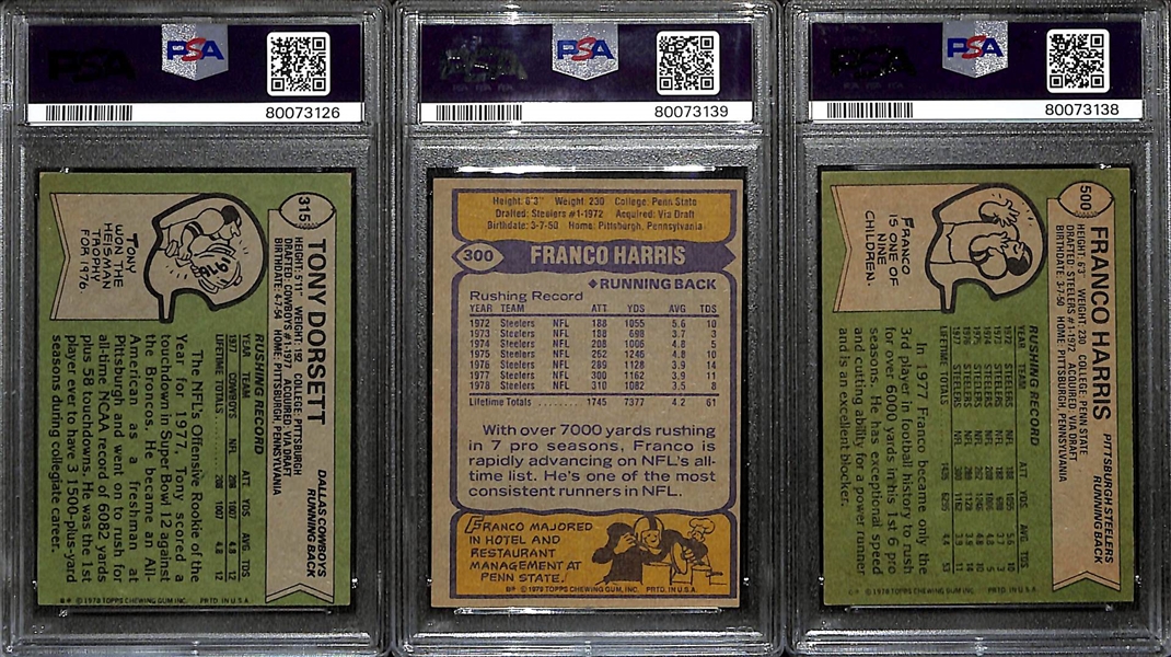 3 Signed Football Cards - 1978 Topps Tony Dorsett Rookie (PSA 5, Grade 8), 1978 Franco Harris (PSA 4, Grade 10), 1979 Franco Harris (PSA 5, Grade 10)