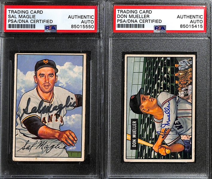 (6) 1951 & 1952 Bowman Signed New York Giants Signed Cards w. Sal Maglie, Don Mueller, Al Corwin, (2) Wes Westrum, and Dave Williams. (PSA/DNA Certified) 