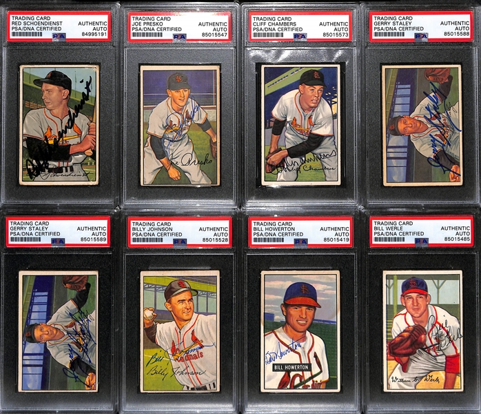 (8) 1951 & 1952 Bowman Signed St. Louis Cardinals Cards w. Red Schoendienst, Joe Presko, Cliff Chambers, (2) Gerry Staley, Billy Johnson, Bill Howerton, and Bill Werle. (PSA/DNA Authentic)