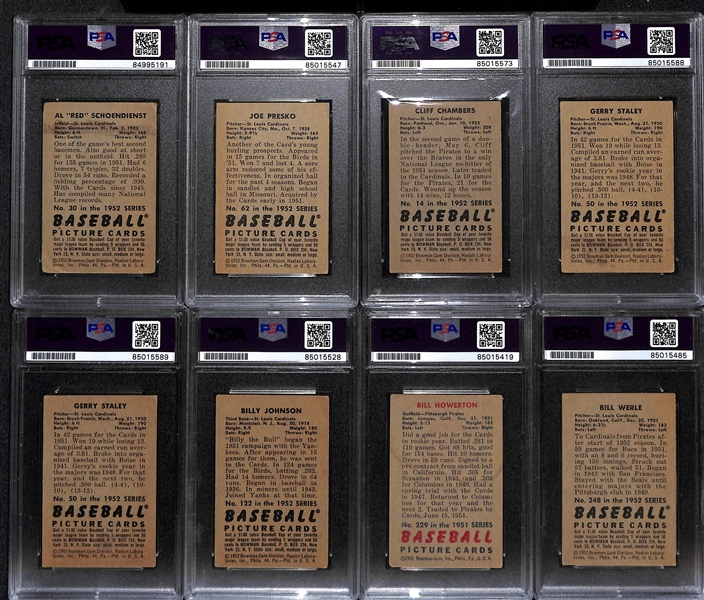 (8) 1951 & 1952 Bowman Signed St. Louis Cardinals Cards w. Red Schoendienst, Joe Presko, Cliff Chambers, (2) Gerry Staley, Billy Johnson, Bill Howerton, and Bill Werle. (PSA/DNA Authentic)