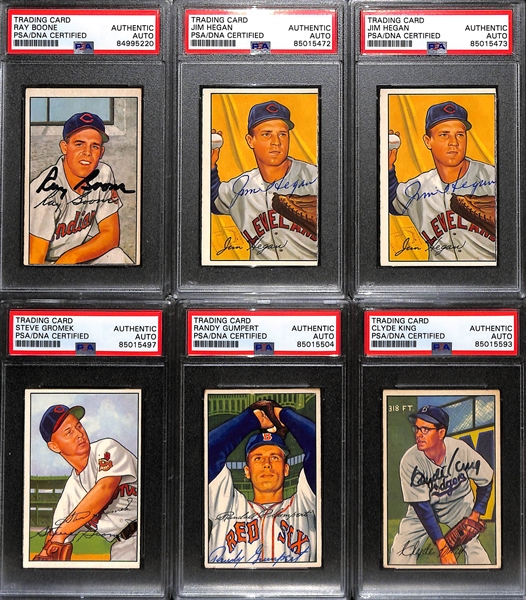 (6) 1951 & 1952 Bowman Signed Cards w. Ray Boone, (2) Jim Hegan, Steve Gromek, Randy Gumpert, and Clyde King. (PSA/DNA Certified) 