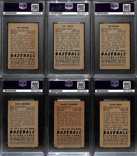 (6) 1951 & 1952 Bowman Signed Cards w. Ray Boone, (2) Jim Hegan, Steve Gromek, Randy Gumpert, and Clyde King. (PSA/DNA Certified) 