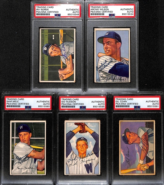(5) 1952 Bowman Signed Cards w. Irv Noren, Archie Wilson, Sam Mele, Sid Hudson, and Gil Coan. (PSA/DNA Certified) 