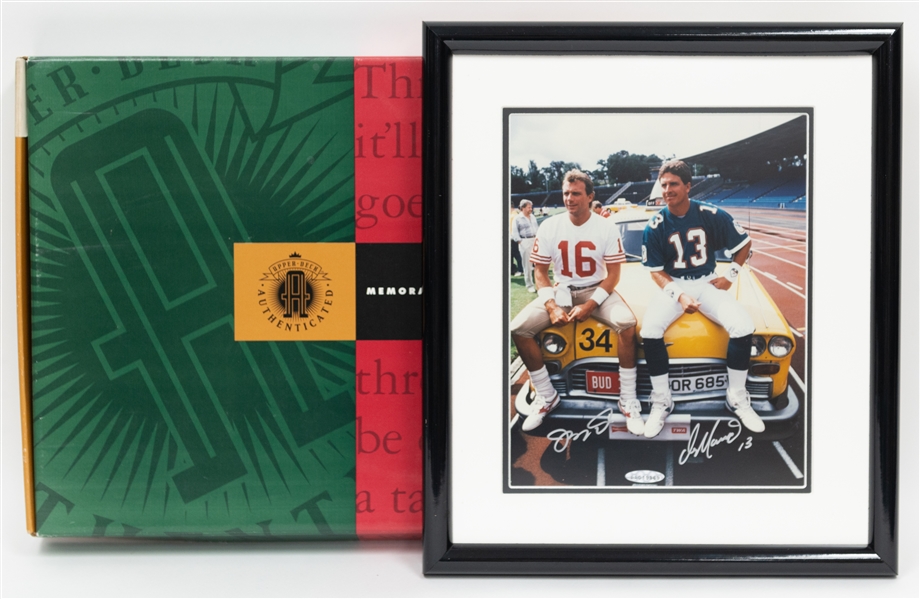 Upper Deck Authenticated Dan Marino & Joe Montana Dual Autograph Framed Photo (8x10 photo in 12x14 frame) w. UDA COA and Box