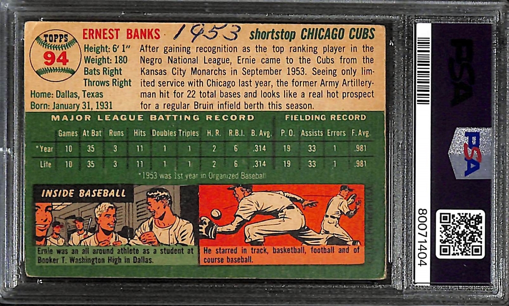 1954 Topps Ernie Banks #94 Rookie Card Graded PSA 2 (MK)