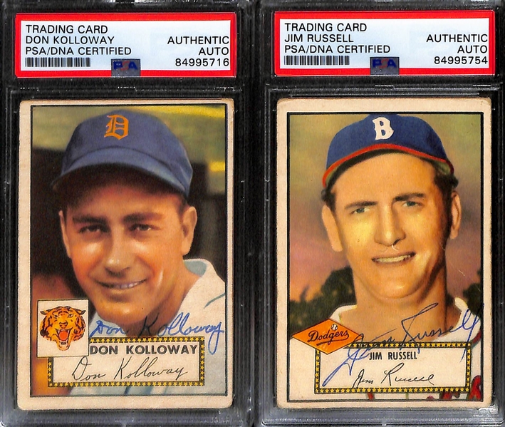 (7) Signed 1952 Topps Cards (PSA/DNA Slabbed) - Alex Kellner, Tom Upton, Bill Howerton, Don Kolloway, Jim Russell, Peanuts Lowrey, Eddie Blake