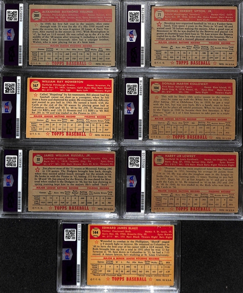 (7) Signed 1952 Topps Cards (PSA/DNA Slabbed) - Alex Kellner, Tom Upton, Bill Howerton, Don Kolloway, Jim Russell, Peanuts Lowrey, Eddie Blake
