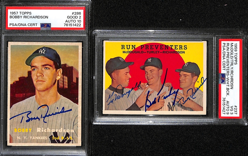 Signed Card Lot - 1957 Bobby Richardson Rookie (PSA/DNA 2 w. 10 Auto Grade) & 1959 Topps Run Preventers Signed by McDougald, Turley, Richardson (PSA/DNA 3 w. Auto Grade 9)