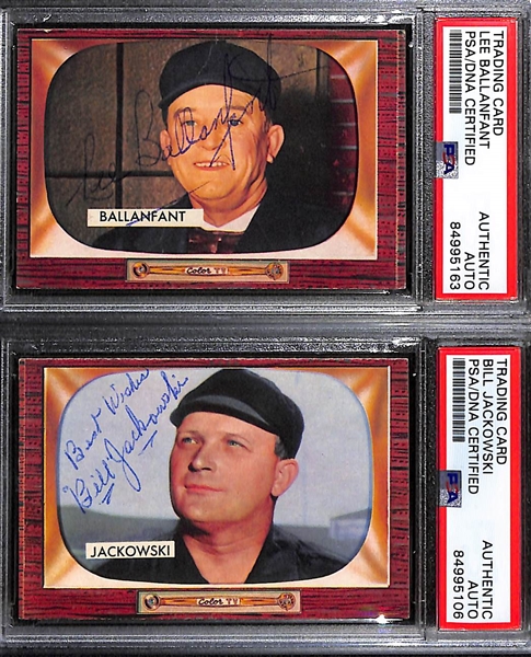 (7) 1955 Bowman Umpire Signed Cards w. Hank Soar, Frank Secory, Larry Napp, (2) Frank Dascoli, Bill Jackowski, and Lee Ballanfant. (PSA/DNA Certified)