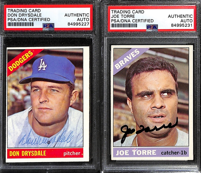 (4) 1966 Topps Signed Cards w. Don Drysdale, Joe Torre, Tim McCarver, and Bill Mazeroski. (PSA/DNA Certified)