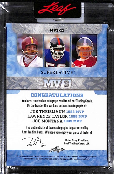 2023 Leaf Superlative Joe Theismann/Lawrence Taylor/Joe Montana MV3 Triple Autograph Card Red (#/15)