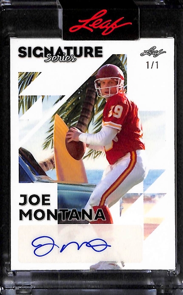 Lot of (2) 2023 Leaf Joe Montana Autograph Cards- 2023 Vibrance Field of View (#/15), 2023 Signature Series (#/1)