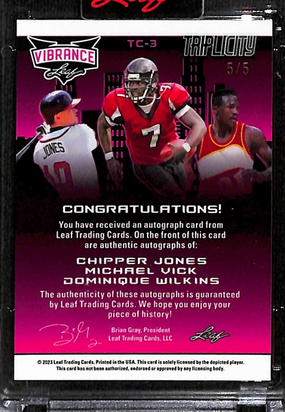 2023 Leaf Vibrance Chipper Jones/Michael Vick/Dominique Wilkins Triplicity Triple Autograph (#/5)