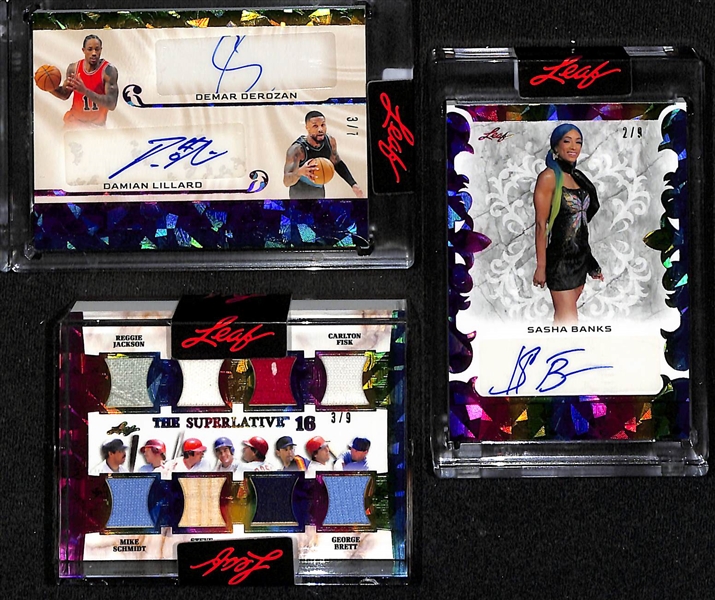 Lot of (3) 2023 Leaf Superlative Mixed Sport Cards inc. Demar DeRozan/Damian Lillard Dual Autograph (#/7), Sasha Banks Autograph (#/9),+