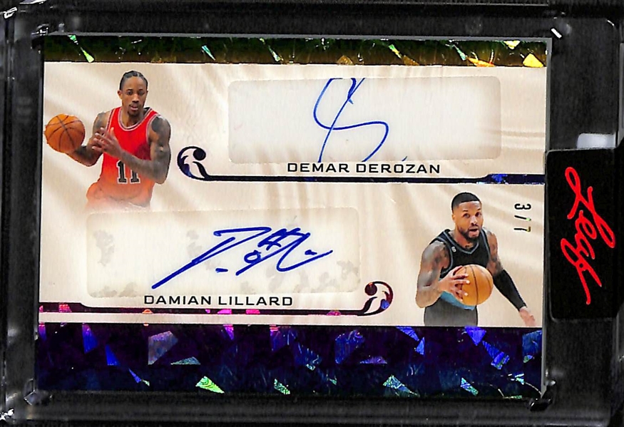 Lot of (3) 2023 Leaf Superlative Mixed Sport Cards inc. Demar DeRozan/Damian Lillard Dual Autograph (#/7), Sasha Banks Autograph (#/9),+