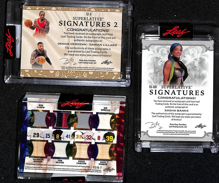 Lot of (3) 2023 Leaf Superlative Mixed Sport Cards inc. Demar DeRozan/Damian Lillard Dual Autograph (#/7), Sasha Banks Autograph (#/9),+