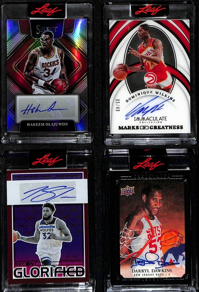 Lot of (4) Basketball Autographs inc. 2021-22 Select Hakeem Olajuwon (#/149), 2021-22 Immaculate Dominique Wilkins Marks of Greatness (#/50), +