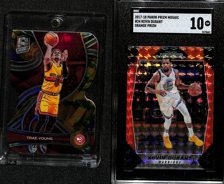 Lot of (2) Current NBA Superstar Parallel Cards-2021-22 Spectra Trae Young Universal Die Cut (#/8) and 2017-18 Mosaic Kevin Durant Orange (SGC 10)