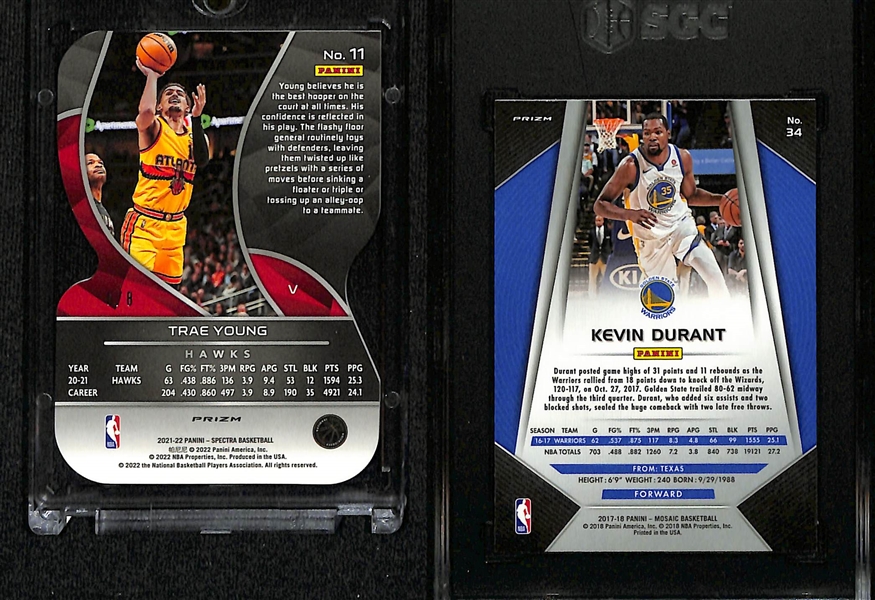 Lot of (2) Current NBA Superstar Parallel Cards-2021-22 Spectra Trae Young Universal Die Cut (#/8) and 2017-18 Mosaic Kevin Durant Orange (SGC 10)