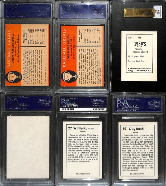 (6) Signed Cards w. 1961 Fleer Joe Sewell,  1961 Fleer Lew Fonseca, 1972 TCMA Joe Cronin, Woody English, Willie Kamm, & Guy Bush (All Slabbed Authentic PSA/DNA)