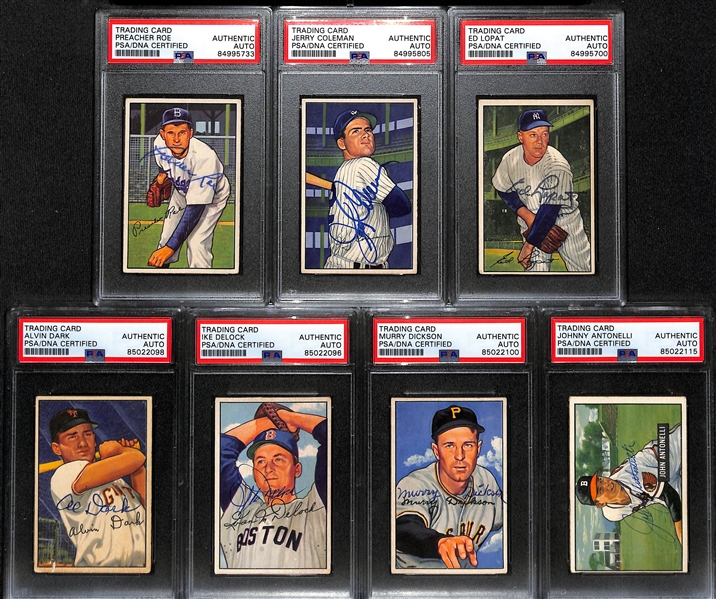 (7) 1952 Bowman Signed Cards (PSA/DNA Slabbed) - Preacher Roe, Jerry Coleman, Ed Lopat, Al Dark, Ike Delock, Murry Dickson, Johnny Antonelli