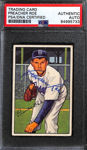 (7) 1952 Bowman Signed Cards (PSA/DNA Slabbed) - Preacher Roe, Jerry Coleman, Ed Lopat, Al Dark, Ike Delock, Murry Dickson, Johnny Antonelli