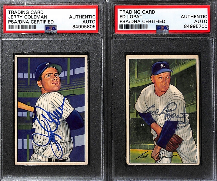 (7) 1952 Bowman Signed Cards (PSA/DNA Slabbed) - Preacher Roe, Jerry Coleman, Ed Lopat, Al Dark, Ike Delock, Murry Dickson, Johnny Antonelli