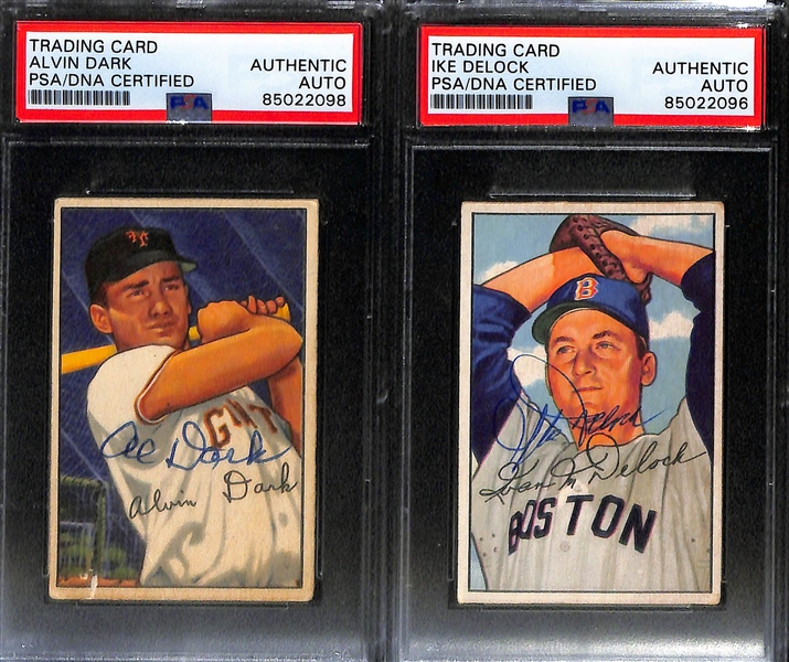 (7) 1952 Bowman Signed Cards (PSA/DNA Slabbed) - Preacher Roe, Jerry Coleman, Ed Lopat, Al Dark, Ike Delock, Murry Dickson, Johnny Antonelli