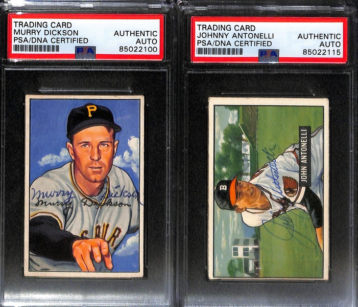 (7) 1952 Bowman Signed Cards (PSA/DNA Slabbed) - Preacher Roe, Jerry Coleman, Ed Lopat, Al Dark, Ike Delock, Murry Dickson, Johnny Antonelli