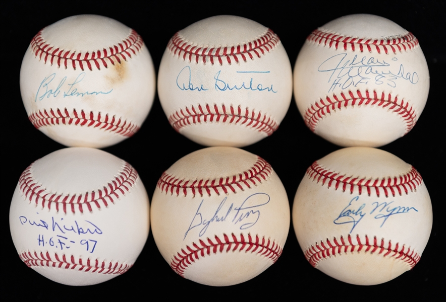 Lot of (6) Hall of Famer Autographed Baseballs - Early Wynn/Perry/Niekro/Marichal/Lemon/Sutton (JSA Auction Letter)
