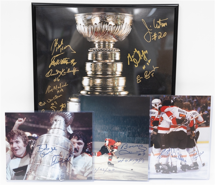 Hockey Autograph Photo Lot (Flyers Stanley Cup 16x20 Signed by 9, Bobby Hull 8x10, Flyers LCB Line 8x10, & Clarke/Parent Signed 8x10) - JSA Auction Letter