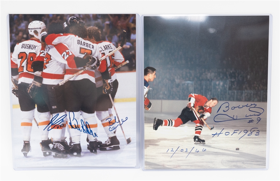 Hockey Autograph Photo Lot (Flyers Stanley Cup 16x20 Signed by 9, Bobby Hull 8x10, Flyers LCB Line 8x10, & Clarke/Parent Signed 8x10) - JSA Auction Letter