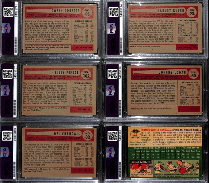 (6) 1954 Signed Cards - Inc. (5) Bowman (Robin Roberts, Harvey Kuenn, Billy Pierce, Johnny Logan, Del Crandall) & (1) Topps (Del Crandall) - PSA/DNA Authenticated