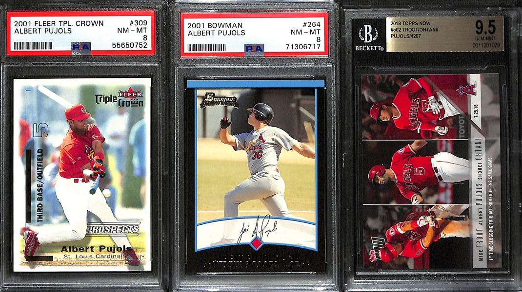 Lot of (3) Angels Cards- 2001 Fleer Triple Crown Albert Pujols Rookie (PSA 8). 2001 Bowman Albert Pujols Rookie (PSA 8), 2018 Topps Now Shohei Ohtani (Rookie) + Trout + Pujols (BGS 9.5)
