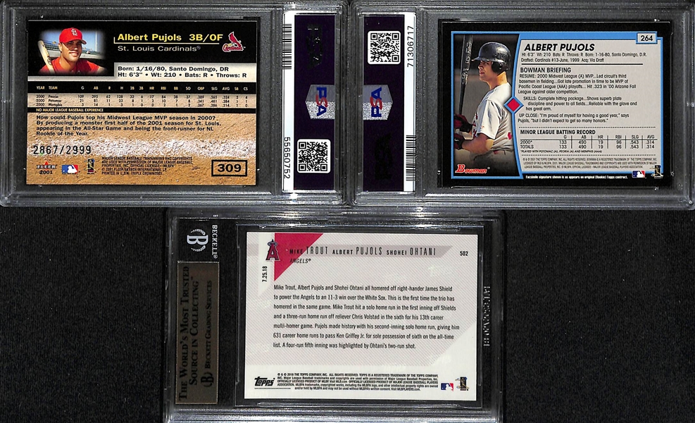 Lot of (3) Angels Cards- 2001 Fleer Triple Crown Albert Pujols Rookie (PSA 8). 2001 Bowman Albert Pujols Rookie (PSA 8), 2018 Topps Now Shohei Ohtani (Rookie) + Trout + Pujols (BGS 9.5)