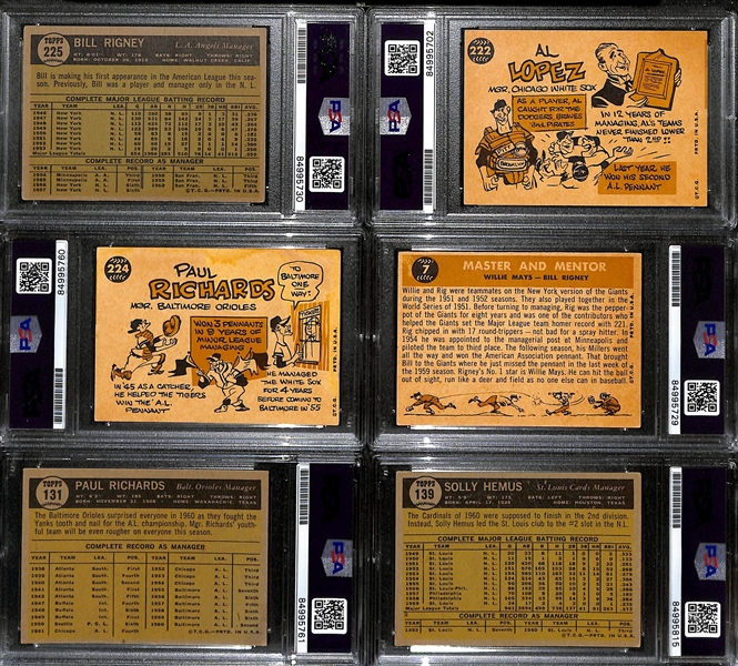 (6) Signed 1960-1961 Topps Manager Cards - (3) 1960 (Bill Rigney, Al Lopez, Paul Richards) & (3) 1961 (Bill Rigney, Solly Hemus, and Paul Richards) - All Graded PSA/DNA Authentic